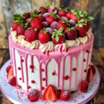 Delicious strawberry drip cake topped with fresh strawberries and drizzled icing