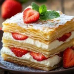 Delicious Strawberry Mascarpone Napoleon dessert layered with fresh strawberries.