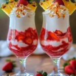 Delicious Strawberry Piña Colada with Malibu Whipped Topping garnished with strawberries