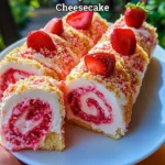 Strawberry shortcake cheesecake topped with fresh strawberries and whipped cream