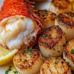 Delicious garlic butter lobster and scallops garnished with fresh herbs