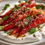 Plate of Sweet Heat Carrots with Gochujang Glaze garnished with herbs