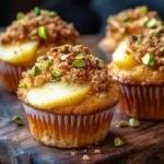 Sweet and nutty caramelized pear muffins with pistachios on a cooling rack