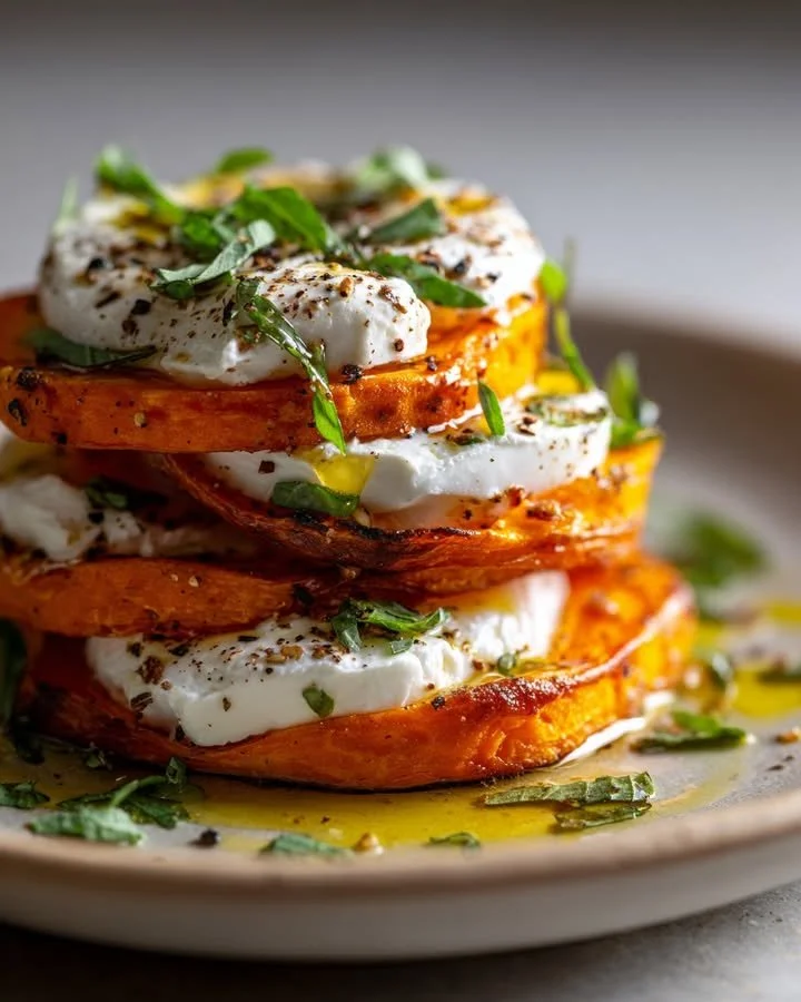 Sweet Potato and Burrata Stacks plated with fresh ingredients