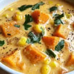 Creamy Sweet Potato Chowder served in a bowl with garnishes