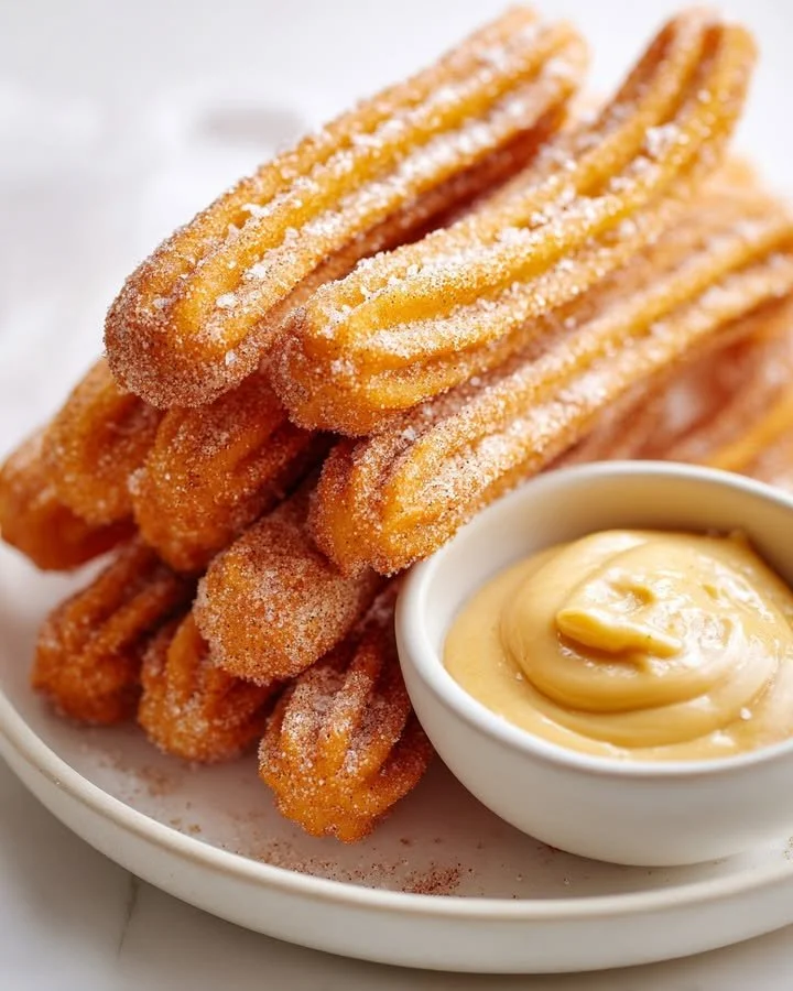 Delicious sweet potato churros with salted caramel goat cheese dip on a plate