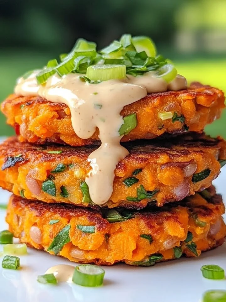 Sweet potato patties with red lentils and a tangy tahini dressing on a plate.