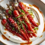 Swicy Gochujang and honey glazed carrots atop savory yogurt in a vibrant presentation