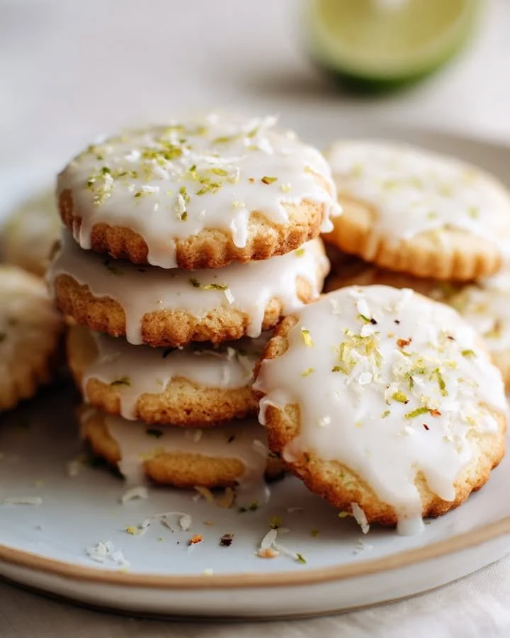 Swicy lime chili shortbread with a coconut glaze on a plate.