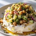 Swicy Orzo Salad served on a cloud of whipped feta, showcasing vibrant ingredients.