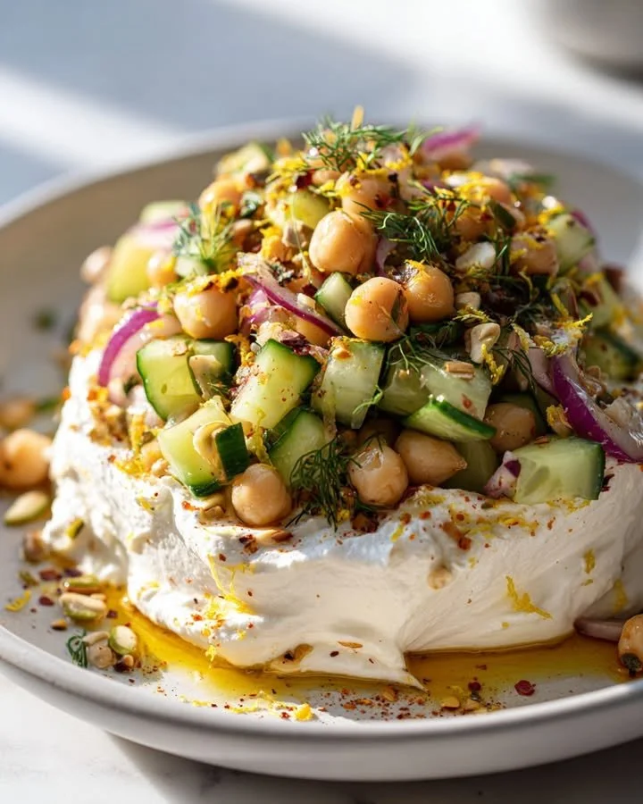 Swicy Orzo Salad served on a cloud of whipped feta, showcasing vibrant ingredients.