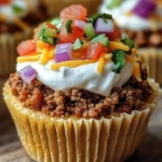Delicious homemade Taco Cupcakes topped with fresh ingredients and served on a plate.
