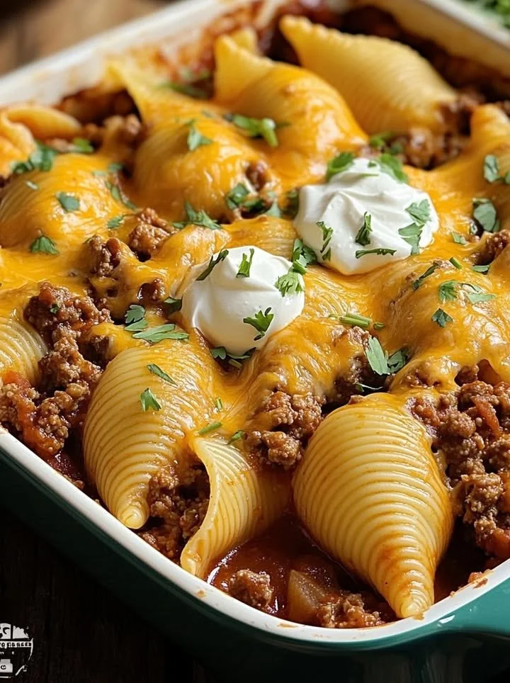 Taco Stuffed Shells filled with seasoned meat and cheese
