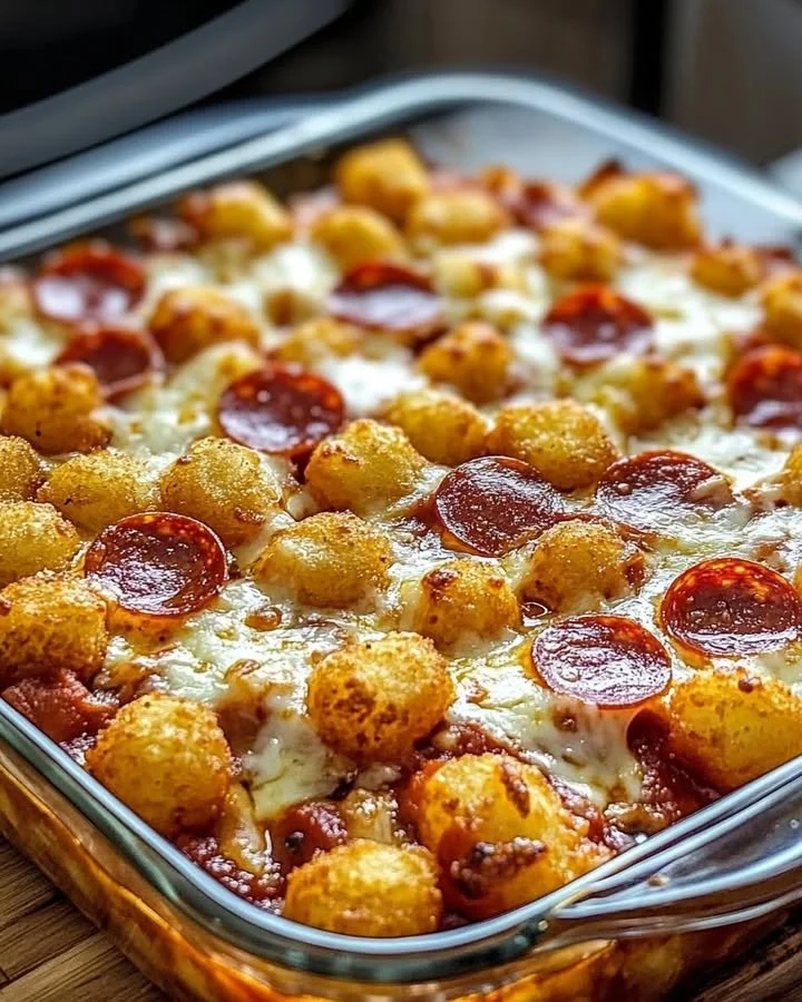 Delicious Tater Tot Pizza Casserole served hot with melted cheese and toppings.