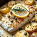 Tender baked cod with Yukon potatoes in creamy rosemary and lemon sauce