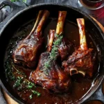Tender braised lamb shanks served with herbs and vegetables