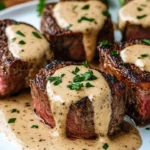 Tender steak bites served in a creamy parmesan sauce with herbs.