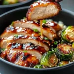 Teriyaki chicken bowls with crispy Brussels sprouts on a wooden table.