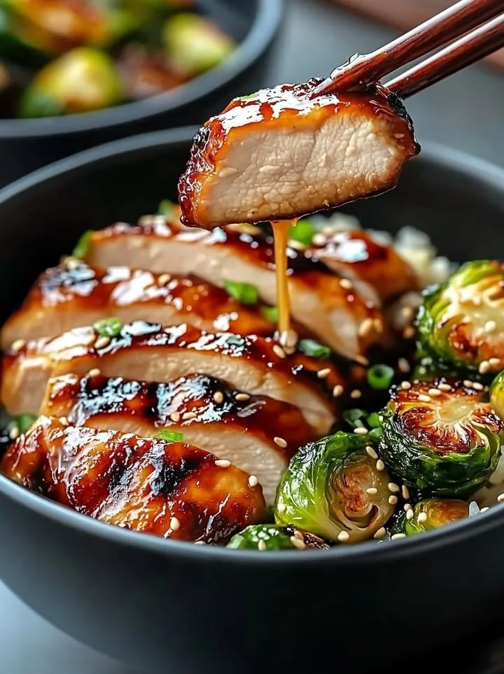 Teriyaki chicken bowls with crispy Brussels sprouts on a wooden table.