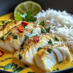 Delicious bowl of Thai Coconut Lemongrass Fish Stew served with Jasmine Rice.