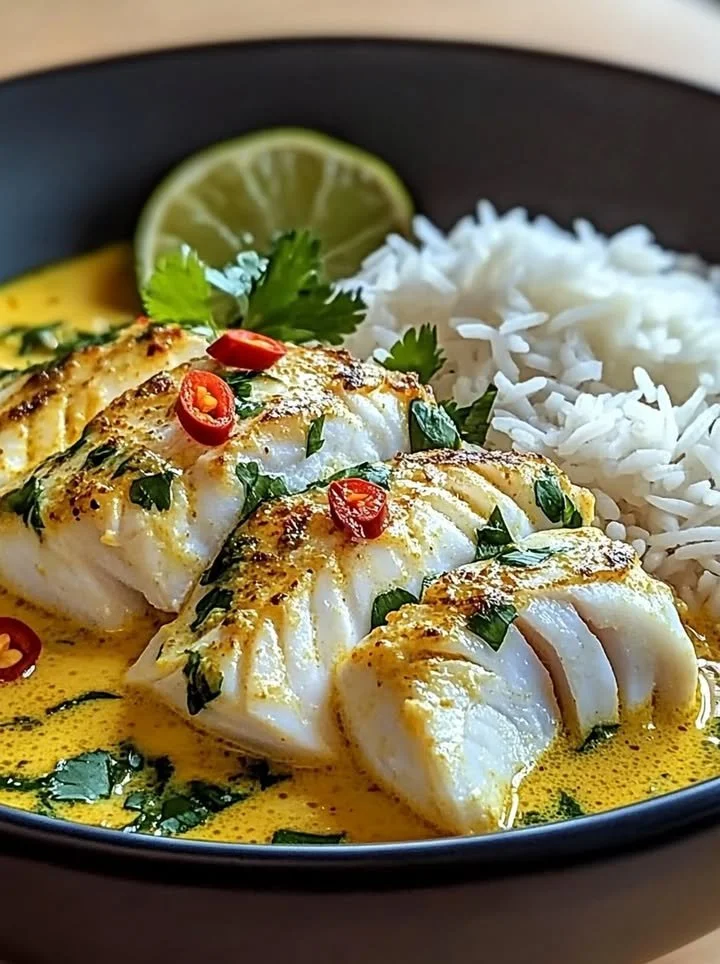 Delicious bowl of Thai Coconut Lemongrass Fish Stew served with Jasmine Rice.