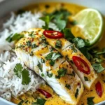 Bowl of Thai Coconut Lemongrass Fish Stew with Jasmine rice, garnished with herbs.