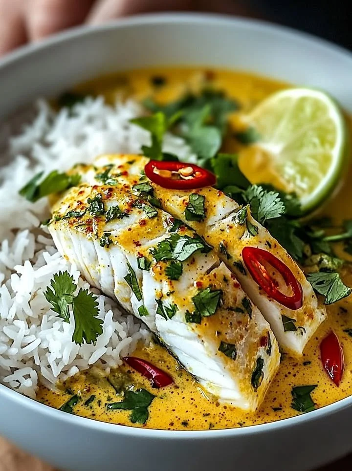 Bowl of Thai Coconut Lemongrass Fish Stew with Jasmine rice, garnished with herbs.