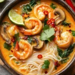 Bowl of Thai shrimp coconut noodle soup garnished with herbs and lime.