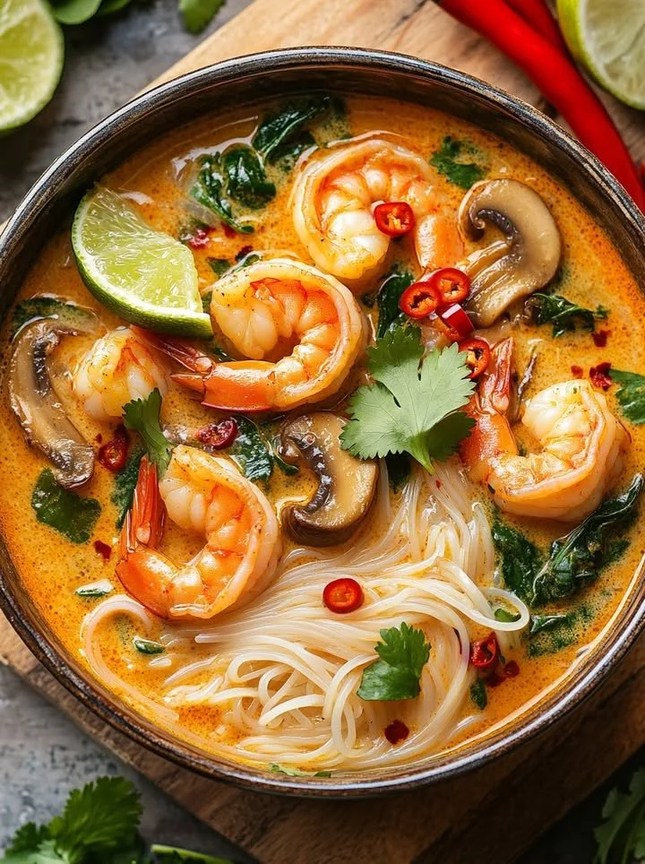 Bowl of Thai shrimp coconut noodle soup garnished with herbs and lime.