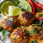 Thai spiced chicken meatballs in coconut curry, a flavorful fusion dish.