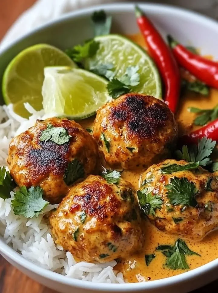 Thai spiced chicken meatballs in coconut curry, a flavorful fusion dish.