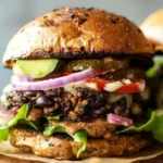 Delicious black bean burgers served with fresh toppings on a plate