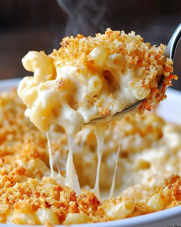 Homemade baked mac and cheese golden and cheesy topped with breadcrumbs