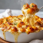 Delicious cozy gnocchi gratin served in a baking dish with melted cheese