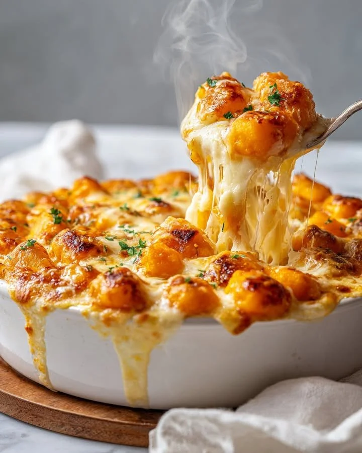 Delicious cozy gnocchi gratin served in a baking dish with melted cheese