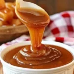 Homemade caramel sauce drizzling over a dessert