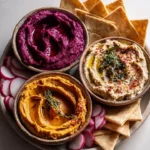 A selection of deep dips including roasted vegetables for winter gatherings