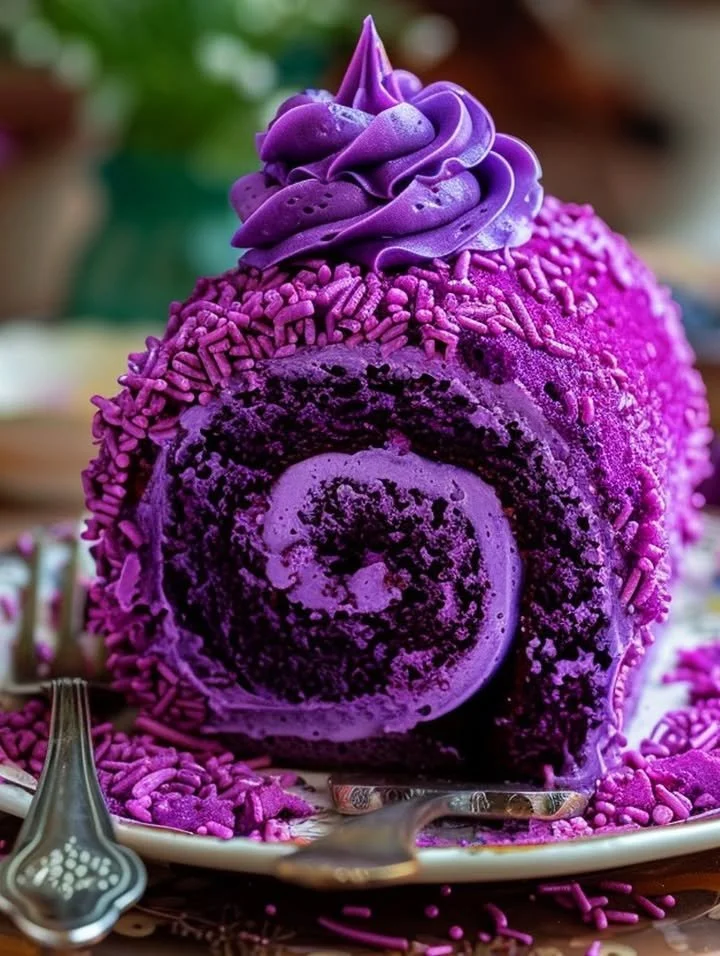 Ultimate Purple Velvet Cake Roll topped with cream cheese frosting.