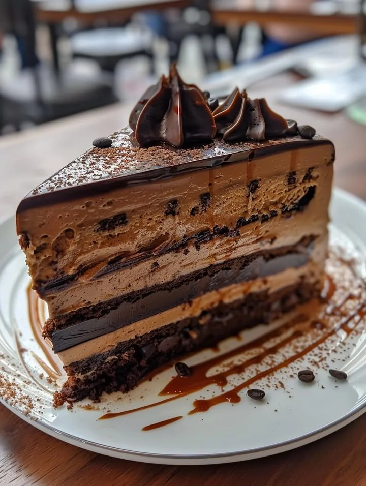 Delicious coffee mousse cake slice topped with chocolate and coffee beans