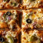 Thick-crust sheet pan veggie pizza topped with vibrant vegetables and cheese