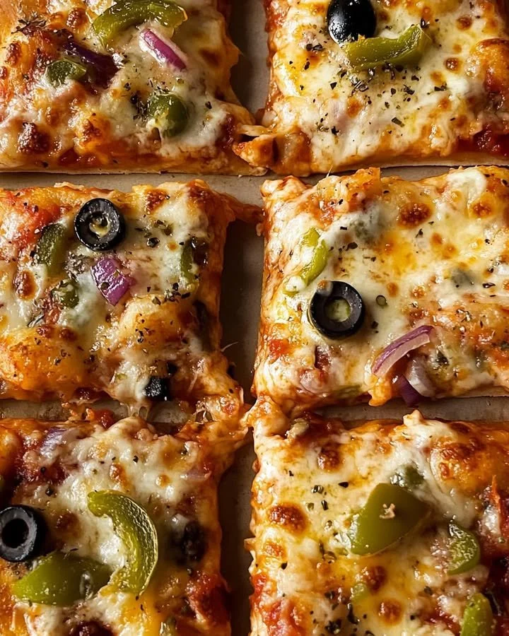 Thick-crust sheet pan veggie pizza topped with vibrant vegetables and cheese