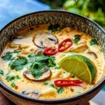 Bowl of Tom Kha Gai soup with chicken and herbs