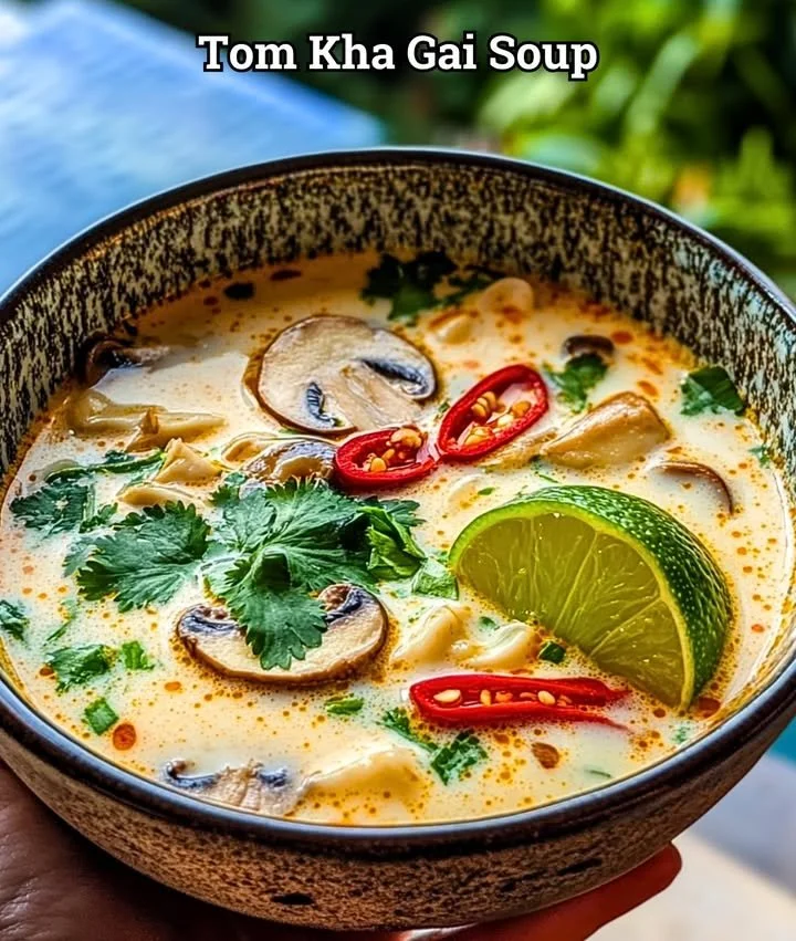 Bowl of Tom Kha Gai soup with chicken and herbs
