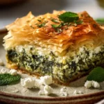 Traditional Greek spinach pie featuring feta cheese and aromatic herbs.