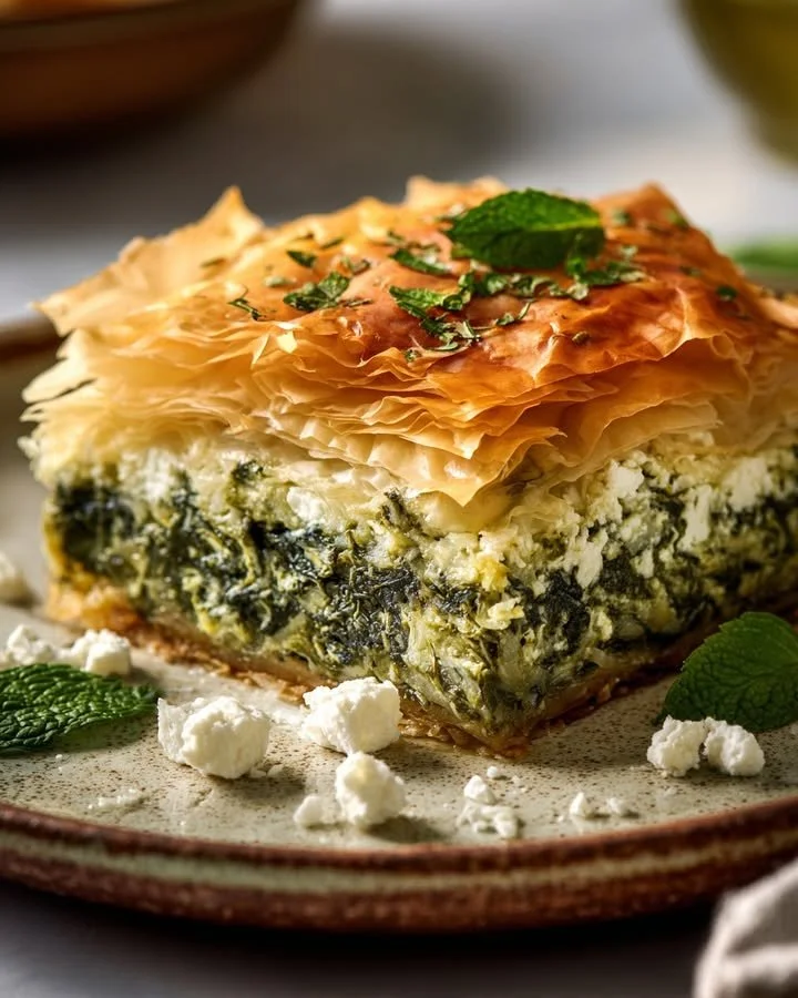 Traditional Greek spinach pie featuring feta cheese and aromatic herbs.