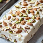 Traditional Italian Torrone - Soft white nougat with nuts on a wooden surface