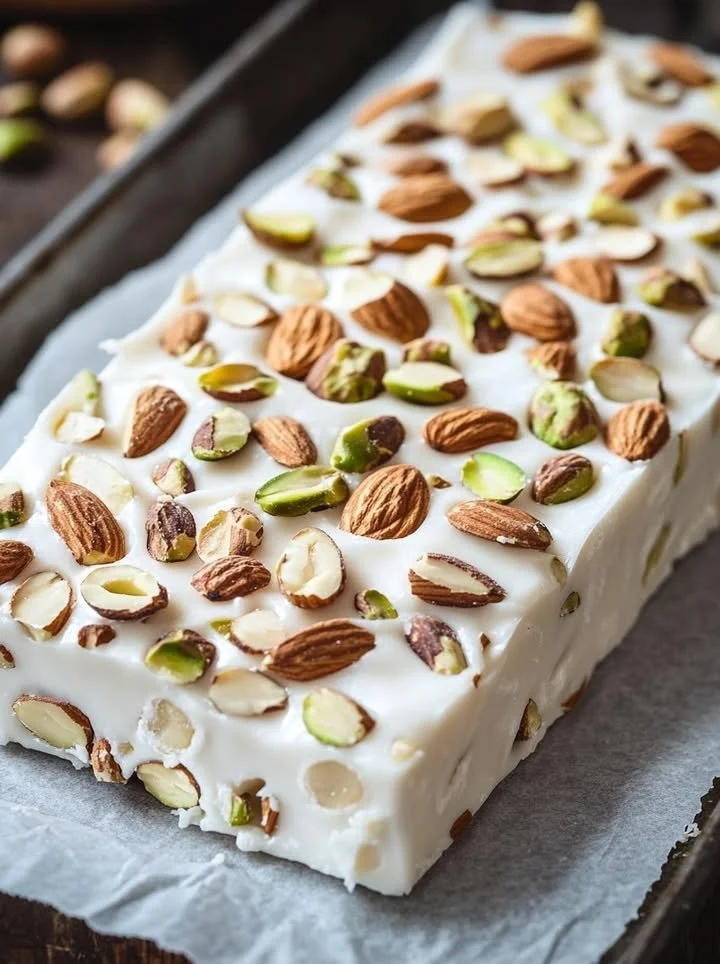 Traditional Italian Torrone - Soft white nougat with nuts on a wooden surface