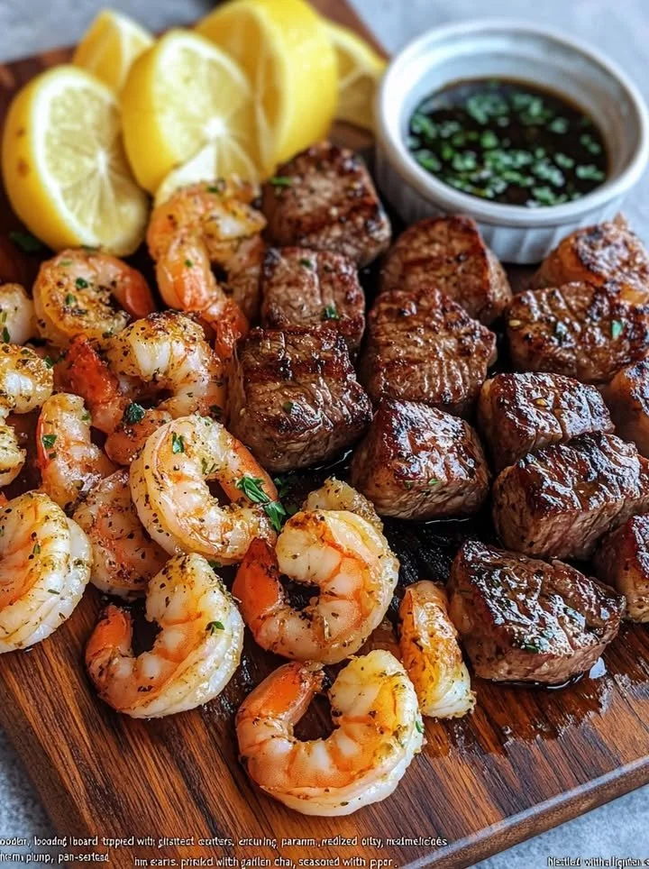 Delicious steak bites and shrimp served with seasoning
