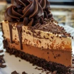 Triple Chocolate Cheesecake topped with chocolate curls and drizzled with sauce
