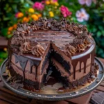 Decadent triple chocolate cheesecake with rich layers of chocolate frosting.